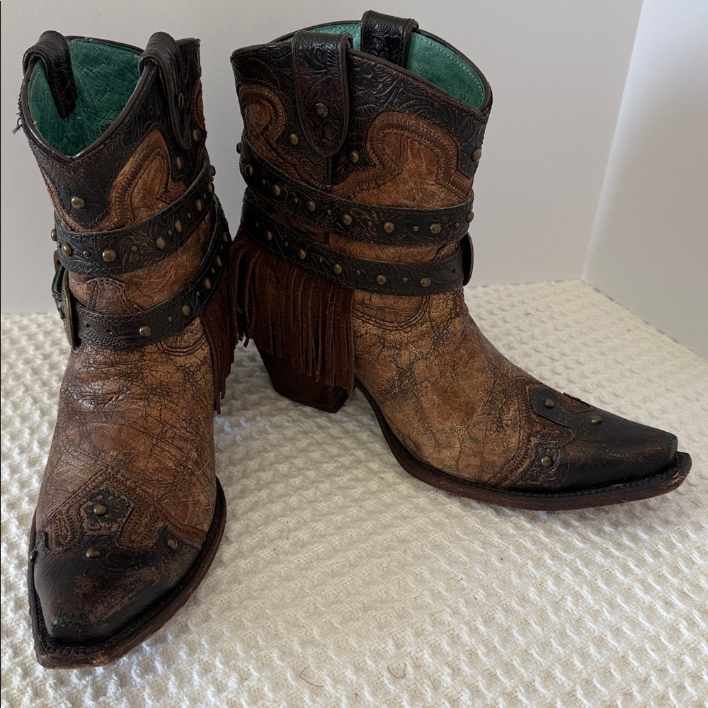 WOMENS Corral Leather Fringe Cowboy Western Ankle Boots SZ 8.5